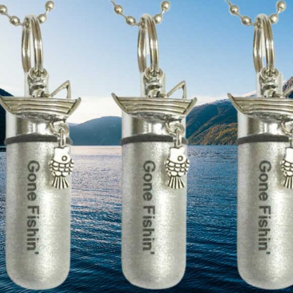 THREE Engraved Brushed Silver "Gone Fishin" CREMATION NECKLACES - Picture 1 of 5